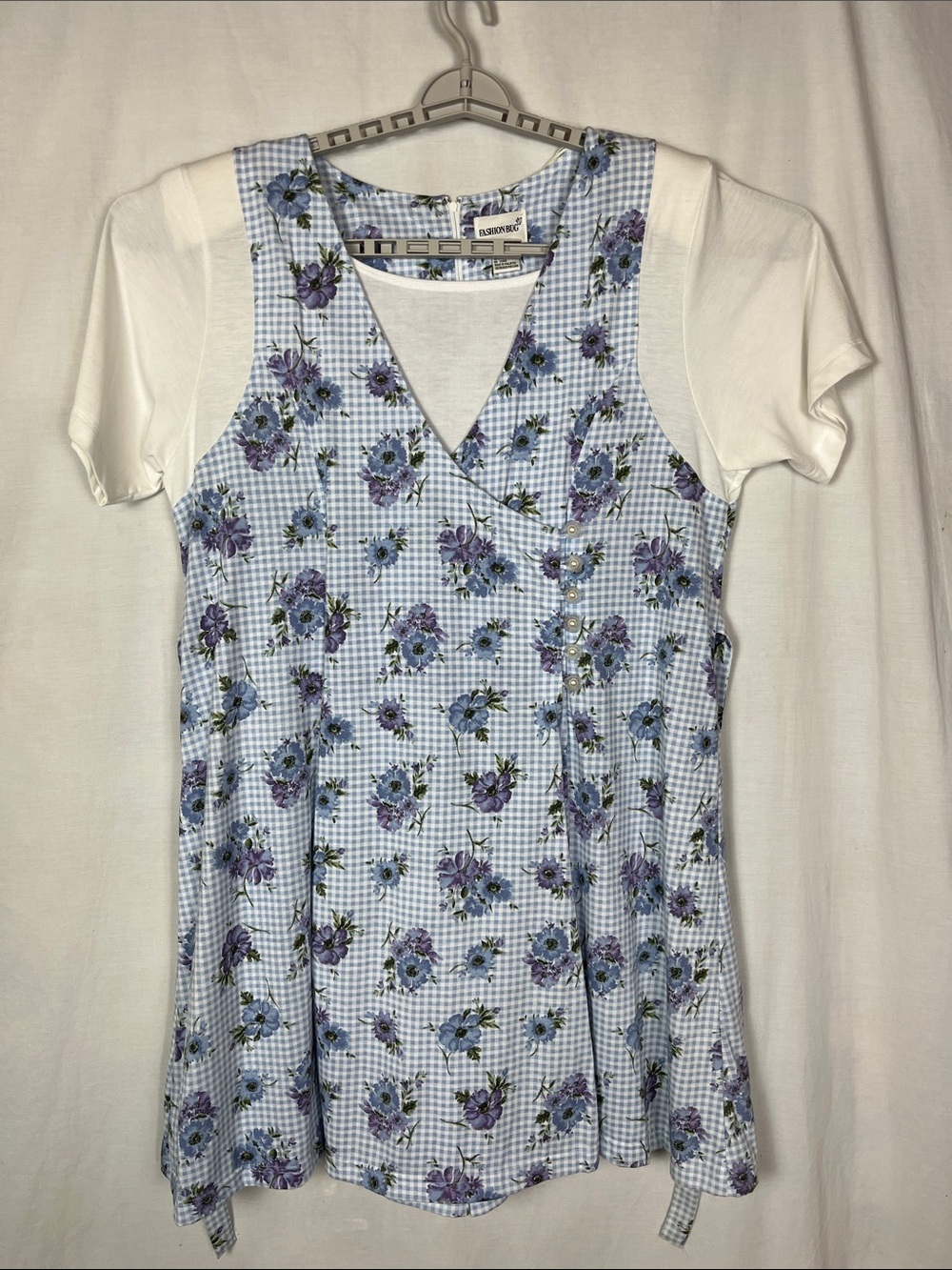 Vintage 90s Fashion Bug Blue Checkered Floral Midi Dress with Flower Buttons